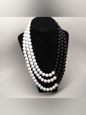 RARE VTG Signed MONET Black & White Triple Strand Big Bead Statement Necklace